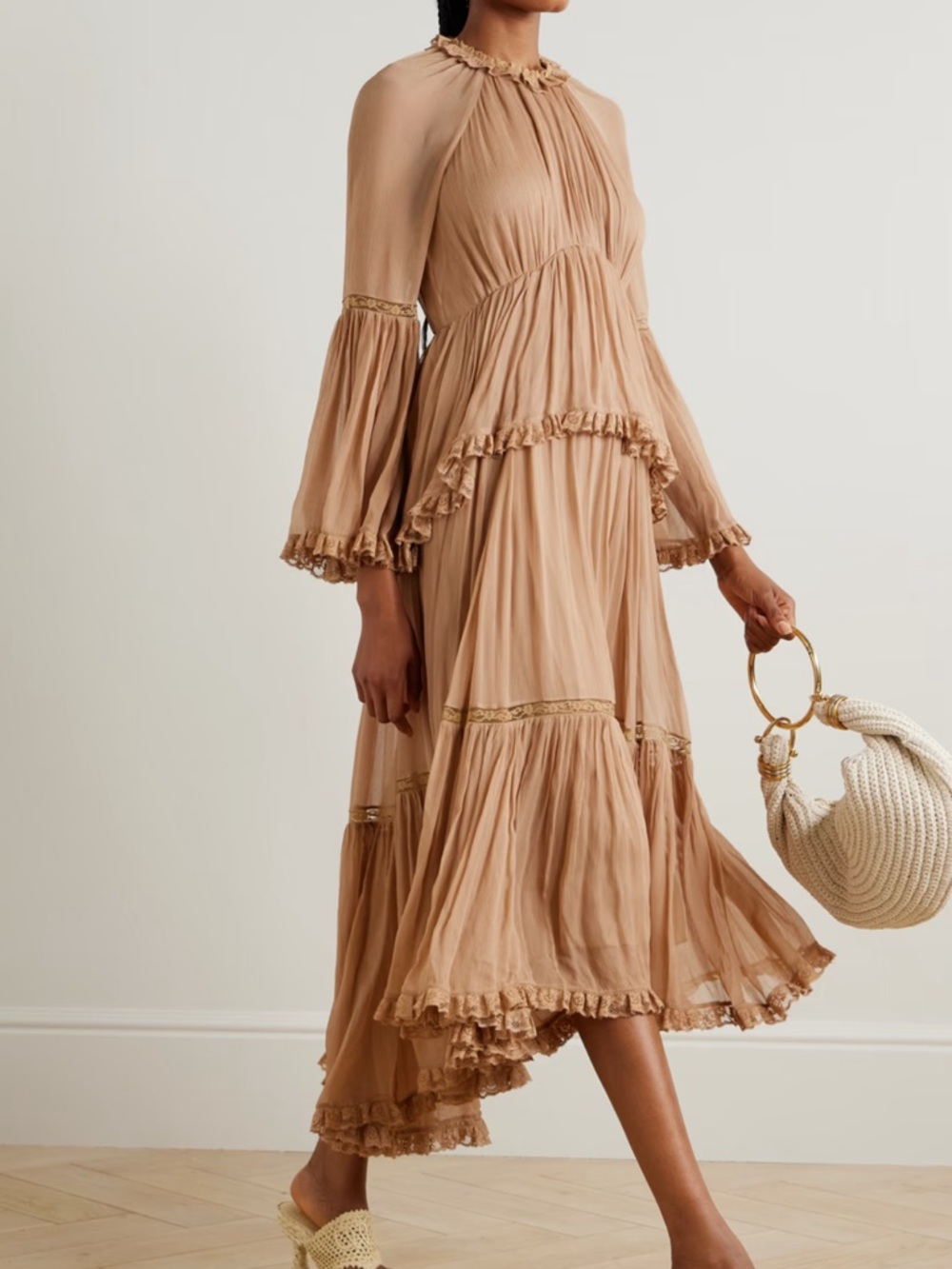 NWT New ZIMMERMANN Hypnotic Peplum Flutter Tiered Midi Dress in Biscuit Size 0 - Picture 2 of 13